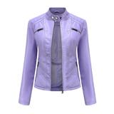 Wyongtao Women s Faux Leather Jackets Biker Moto Jacket Standing Collar Long Sleeve Short Casual Coats with Pockets Purple M