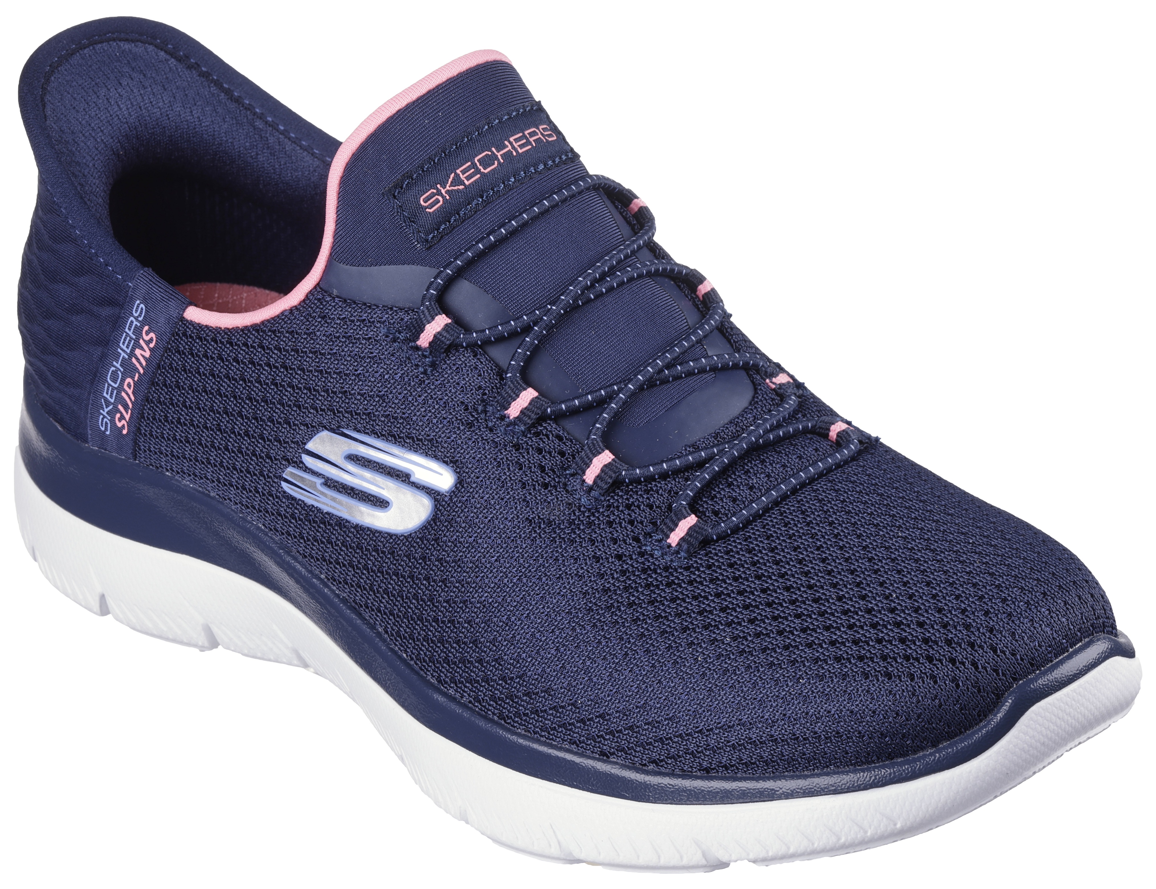 Slip-On Sneaker SKECHERS "SUMMITS-DIAMOND DREAM", Damen, Gr. 39, blau (navy, pink), Textil, Schuhe, Schlupfschuh, Freizeitschuh mit praktischer Slip-Ins Funktion, Topseller