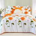 Reversible Stitched Quilt Queen Orange Dahlia Bedspread Set Soft Cotton Bed Cover Lightweight Coverlet Double Patterns White Quilted Bedding Set All Seasons 1 Quilt with 2 Pillow Sham(Sunflower,Queen)