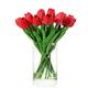 rubystory 20 PCS Real Touch Tulips Artificial Flowers in Vase, Tulips Faux Arrangements with Vase and Fake Water for Home Decor, Dining Table (Red)