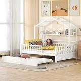 Full Size House Bed With Trundle And Storage Shelves Kids Montessori Bed With Fence Rails Wood Playhouse Tent Bed Frame For Girls Boys White