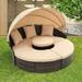 Patio Round Outdoor Daybed with Retractable Canopy Rattan Wicker Clamshell Furniture Seating and Soft Cushions for Porch Backyard Poolside (Beige)