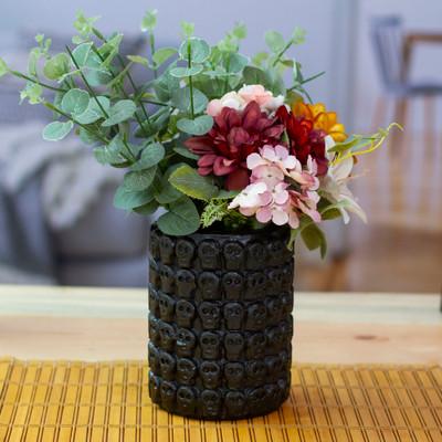 'Skull-Patterned Black Ceramic Flower Pot from Mex...