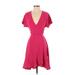 Express Outlet Casual Dress - Wrap Plunge Short sleeves: Pink Print Dresses - Women's Size X-Small