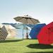 Auto Tilt Patio Umbrella - Canopy Stripe Fern/White Sunbrella, Bronze, 9' - Ballard Designs Canopy Stripe Fern/White Sunbrella - Ballard Designs