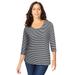 Plus Size Women's Stretch Cotton Scoop Neck Tee by Jessica London in Black Feeder Stripe (Size 12) 3/4 Sleeve Shirt