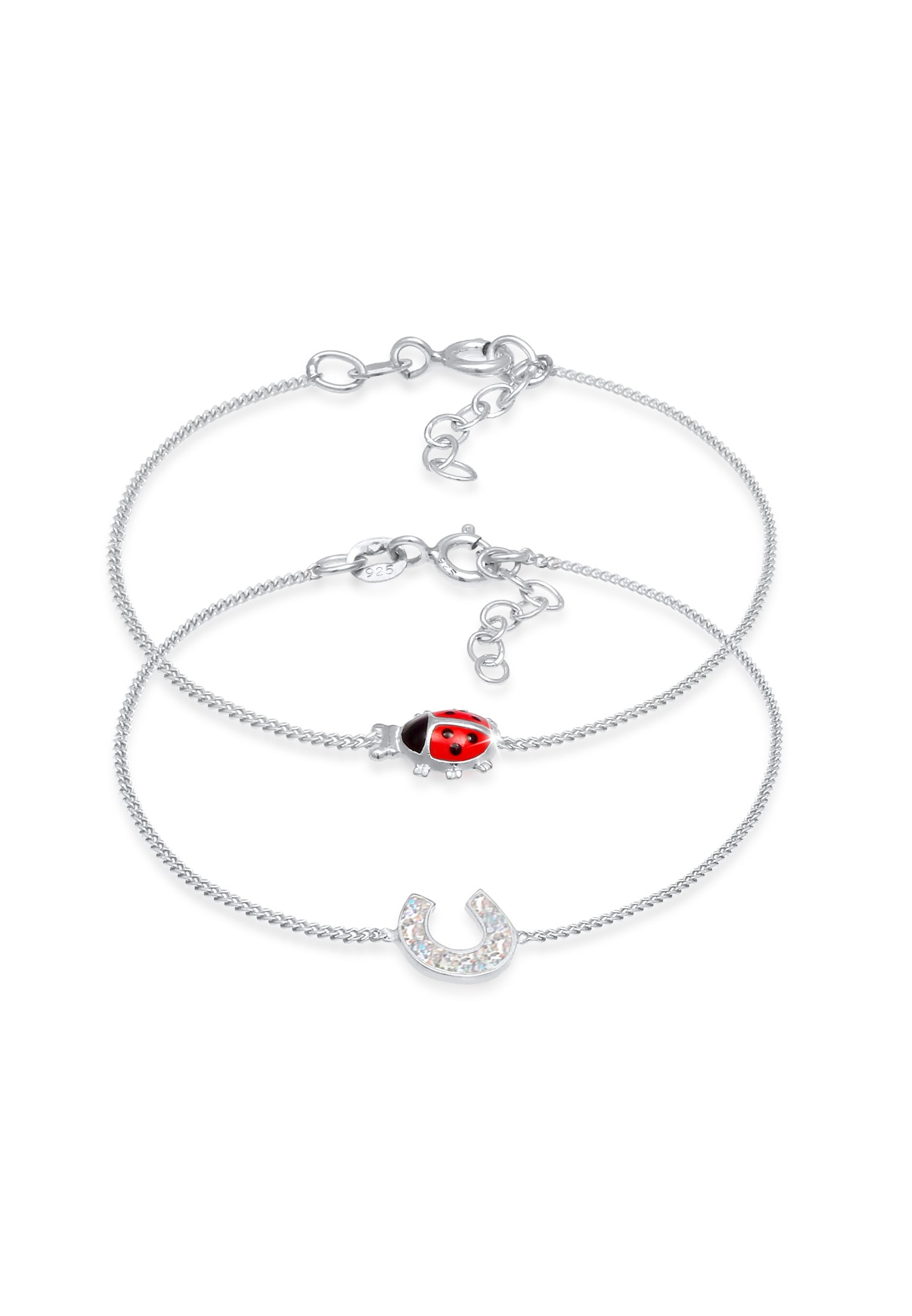 Armband Set ELLI "Kinder Marienkäfer Hufeisen Glück (2 tlg) 925 Sterling Silber" Gr. 14, silber, Armbänder, Mädchen, 14cm, ohne Stein, Silber 925 (Sterlingsilber) Image