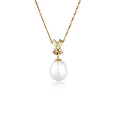 Perlenkette ELLI PREMIUM "Süßwasserzuchtperle Zirkonia 585 Gelbgold", weiß, Halsketten, Damen, 45, ohne Stein, Gelbgold 585, L: 45cm Image