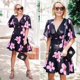 Kate Spade Dresses | Kate Spade Grand Flora Dress Black Pink Floral V Neck Flutter Sleeve Mini Size 0 | Color: Black/Pink | Size: 0