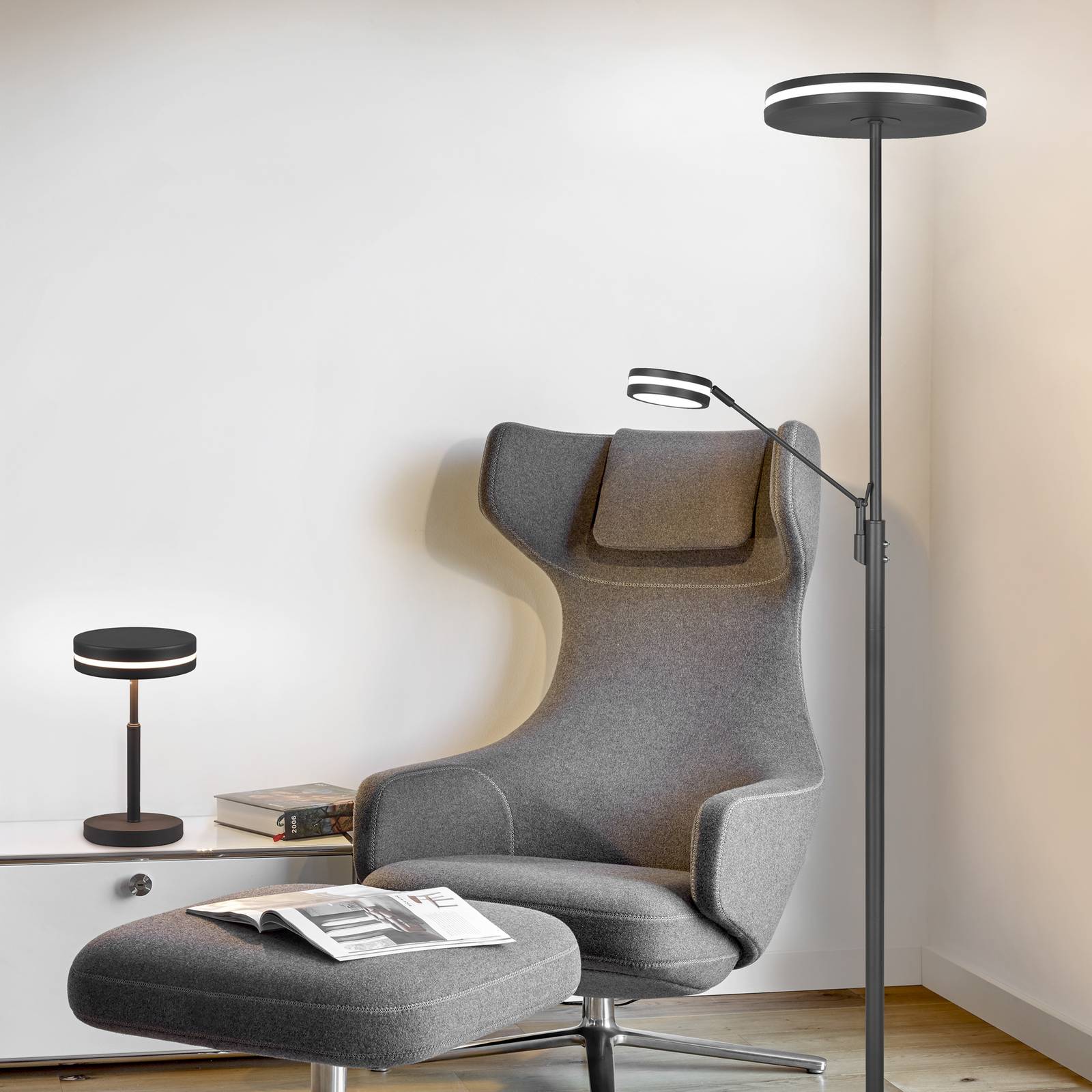 Trio Lighting LED-Deckenfluter Franklin, Leselampe, anthrazit dimmbar, schwarz, für Wohn- / Esszimmer, Metall, Modern, Stehlampe