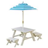 KidKraft Wooden Outdoor Table & Bench Children s Furniture White with Turquoise & White Umbrella