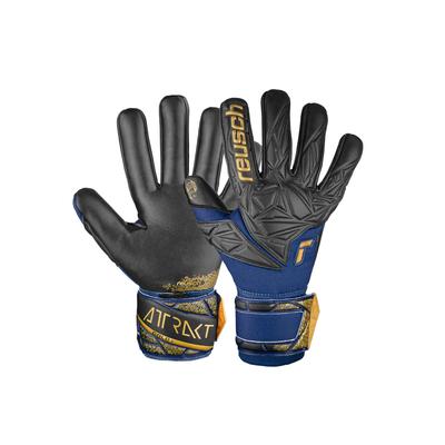 Torwarthandschuhe REUSCH "Attrakt Gold X NC", Damen, Gr. 10,5, bunt (goldfarben, blau), 53% Elastodien, 33% Polyester, 3% Polyurethan, 1% Baumwolle, mehrfarbig, sportlich, Handschuhe, mit Negative Cut