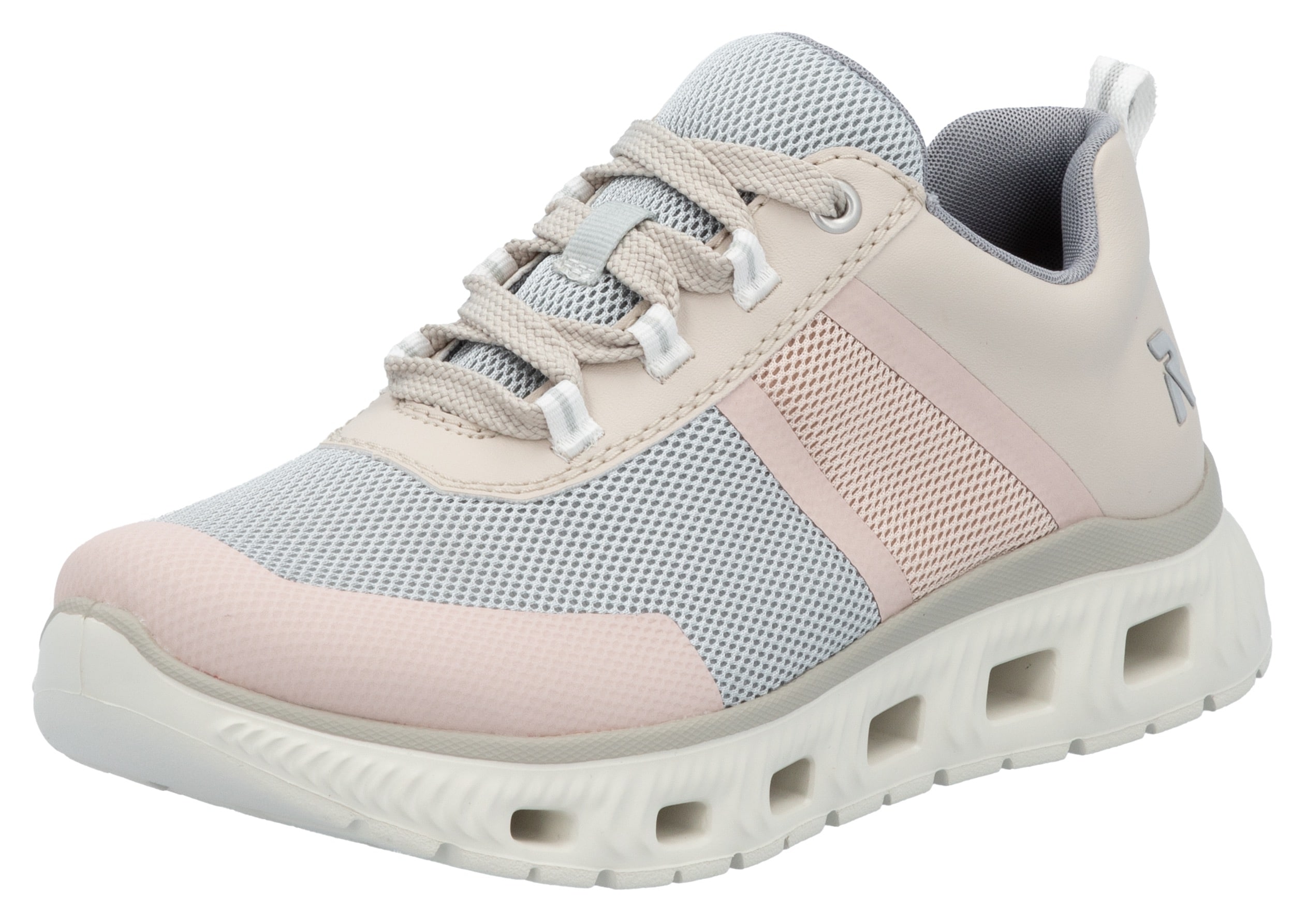 Sneaker RIEKER SPORT, Damen, Gr. 40, beige (hellbeige kombiniert), Lederimitat, Textil, Schuhe Sneaker, in veganer Verarbeitung, Freizeitschuh, Halbschuh, Schnürschuh