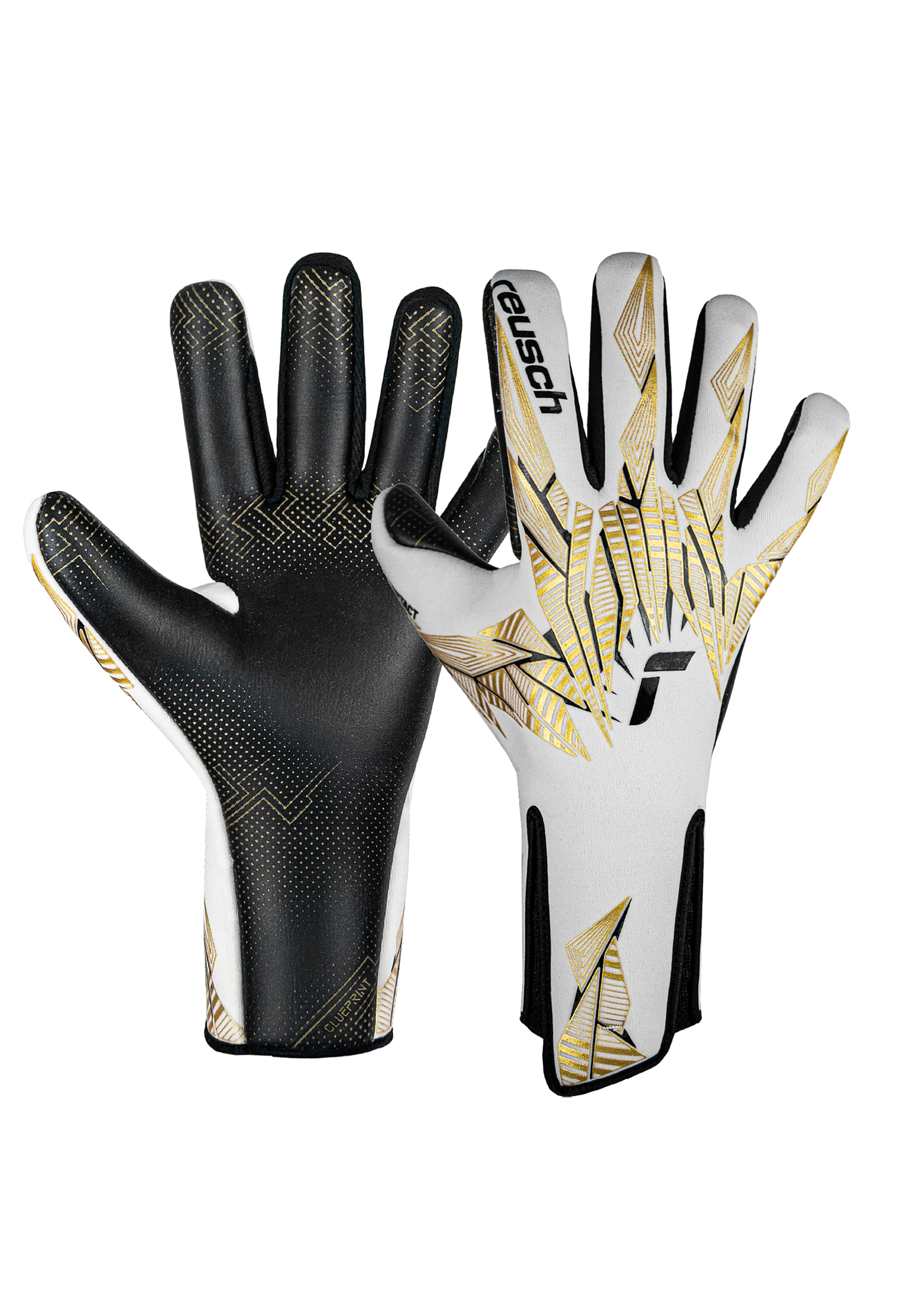 Torwarthandschuhe REUSCH "Pure Contact GluePrint Strapless", Damen, Gr. 8, gold (weiß, goldfarben), 72% Elastodien, 23% Polyester, 5% Polyamid, mehrfarbig, Sportlich, Handschuhe, mit Negative Cut Image