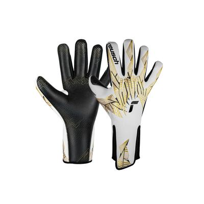 Torwarthandschuhe REUSCH "Pure Contact GluePrint Strapless", Damen, Gr. 9,5, gold (weiß, goldfarben), 72% Elastodien, 23% Polyester, 5% Polyamid, mehrfarbig, sportlich, Handschuhe, mit Negative Cut