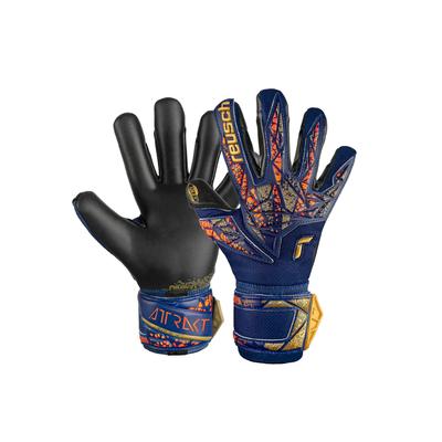 Torwarthandschuhe REUSCH "Attrakt Gold X", Damen, Gr. 10,5, bunt (goldfarben, blau), 53% Elastodien, 33% Polyester, 3% Polyurethan, 1% Baumwolle, mehrfarbig, sportlich, Handschuhe, mit Evolution Negative Cut