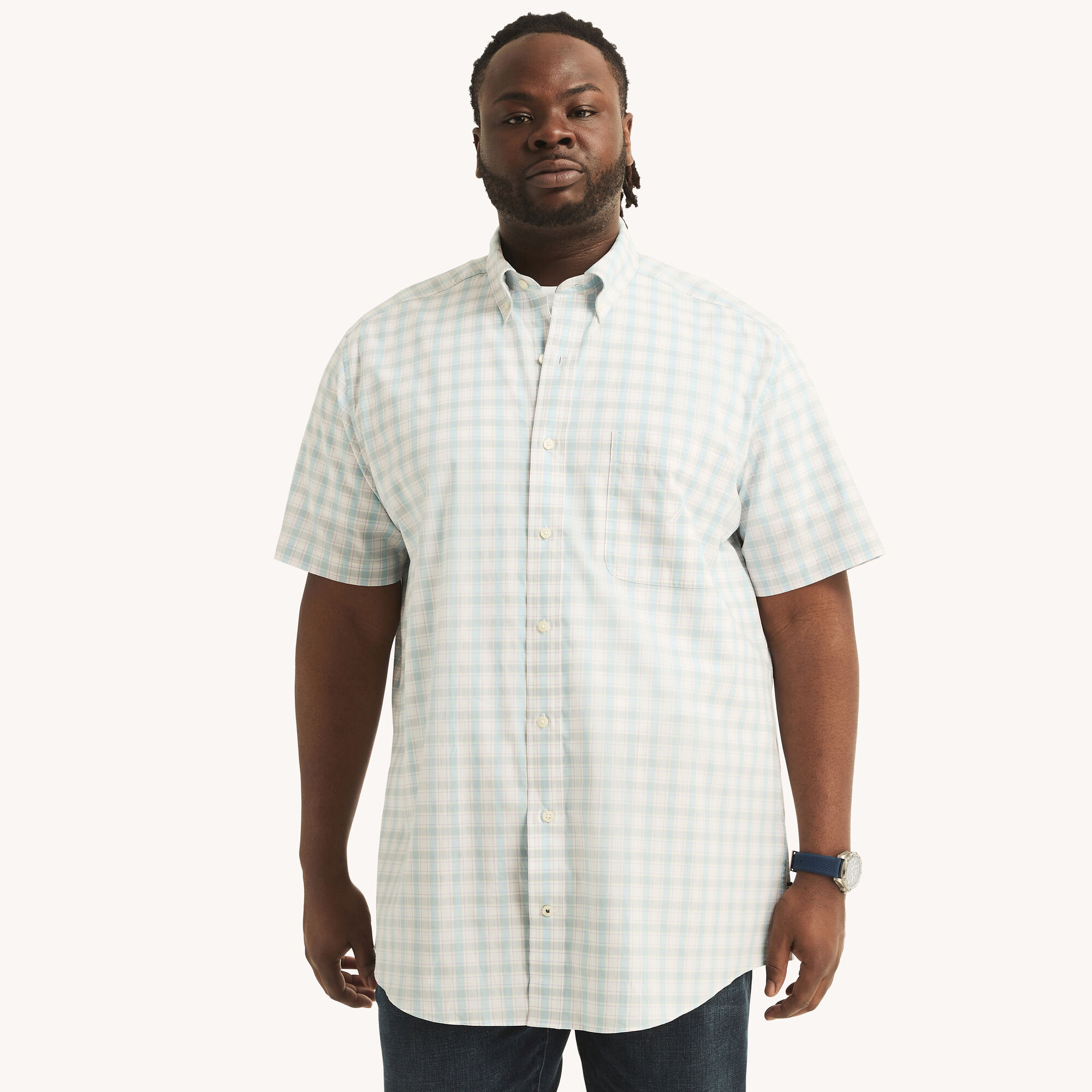 Nautica Men's Big & Tall Classic Fit Plaid Short-Sleeve Shirt 101 (Bright White), 2XL