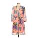 Pink Owl Casual Dress - Mini V-Neck 3/4 sleeves: Pink Print Dresses - Women's Size Medium