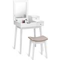 Vanity Table Set With Mirror Stool Home Folding Mirrored Large Storage Organizer Women Home Bedroom Furniture Wood Cushioned Bench Girls Makeup Dressing Table Sets W/ 2 Drawers White