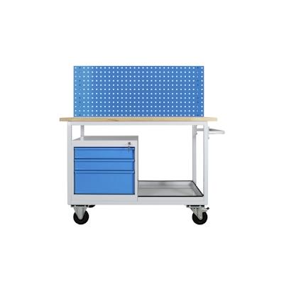 PROREGAL Mobile Werkbank Light Rhino mit Ablagefach, 3 Schubladen, Lochplatte, 4 Rollen | HxBxT 131x130x60cm, Traglast 300kg | Lichtgrau/Lichtblau Image