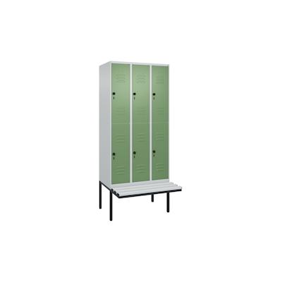 C+P Spind Classic PLUS, Kunststoff schwebende Sitzbank, 6 Abteile, HxBxT 212x90x82cm, Sicherheitsdrehriegel, Hellgrau/Resedagrün von PROREGAL Image