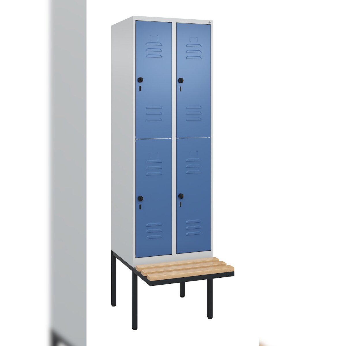 C+P Spind Classic PLUS, Buche schwebende Sitzbank, 4 Abteile, HxBxT 212x60x82cm, Sicherheitsdrehriegel, Hellgrau/Fernblau von PROREGAL