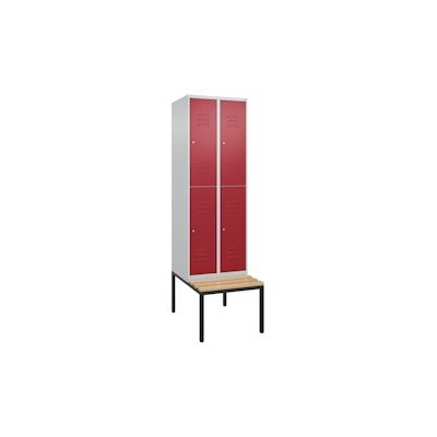 C+P Spind Classic PLUS, Buche untergebaute Sitzbank-Harthol, 4 Abteile, HxBxT 212x60x82cm, Zylinderschloss, Hellgrau/Rubinrot von PROREGAL Image