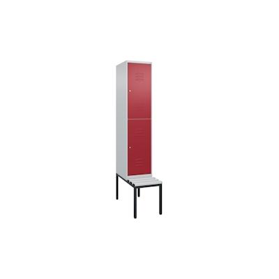 C+P Spind Classic PLUS, Kunststoff untergebaute Sitzbank, 2 Abteile, HxBxT 212x40x82cm, Zylinderschloss, Hellgrau/Rubinrot von PROREGAL Image