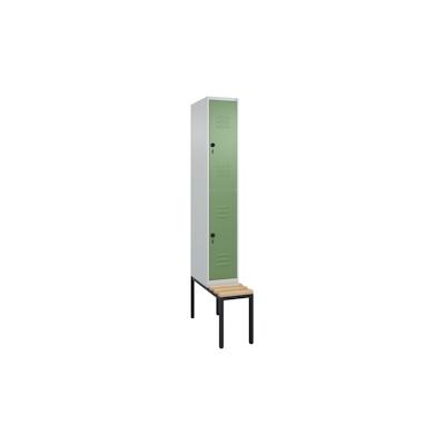 C+P Spind Classic PLUS, Buche untergebaute Sitzbank-Harthol, 2 Abteile, HxBxT 212x30x82cm, Sicherheitsdrehriegel, Hellgrau/Resedagrün von PROREGAL Image