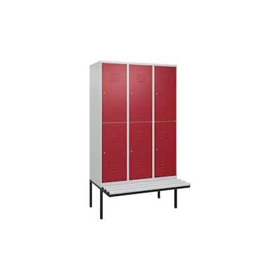 C+P Spind Classic PLUS, Kunststoff schwebende Sitzbank, 6 Abteile, HxBxT 212x120x82cm, Zylinderschloss, Hellgrau/Rubinrot von PROREGAL Image