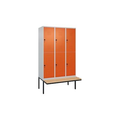 C+P Spind Classic PLUS, Buche schwebende Sitzbank, 6 Abteile, HxBxT 212x120x82cm, Sicherheitsdrehriegel, Hellgrau/Reinorange von PROREGAL Image