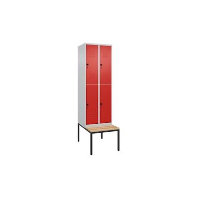 C+P Spind Classic PLUS, Buche untergebaute Sitzbank-Harthol, 4 Abteile, HxBxT 212x60x82cm, Sicherheitsdrehriegel, Hellgrau/Rot von PROREGAL Image
