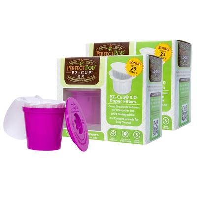 Perfect Pod 2-Pack Reusable EZ-Cup 2.0 K Cup Coffee Pod + Disposable Paper Filters (50 - Count)