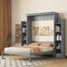 Wooden Murphy Bed Wall Bed with Storage Shelves, Murphy Cabinet Bed with LED Lights, for Guest Room or Small Room