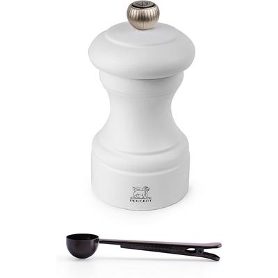 Peugeot Bistro 4 Inch Pepper Mil Gift Set, Matte White - With Stainless Steel Spice Scoop/Bag Clip