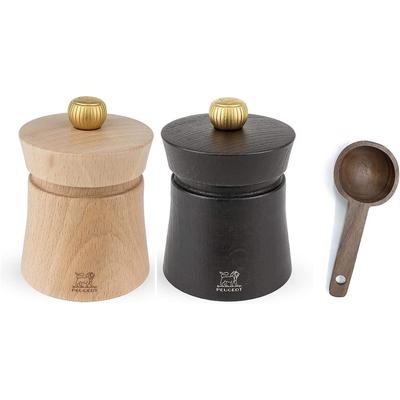 Peugeot Baya Salt And Pepper Mill Gift Set 3", Chocolate With Wood Spice Scoop