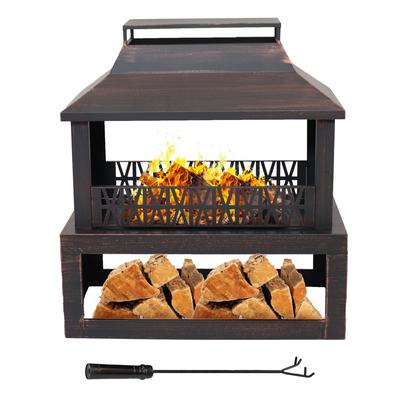 Bronze Steel Outdoor Fireplace with Log Storage - 35" H