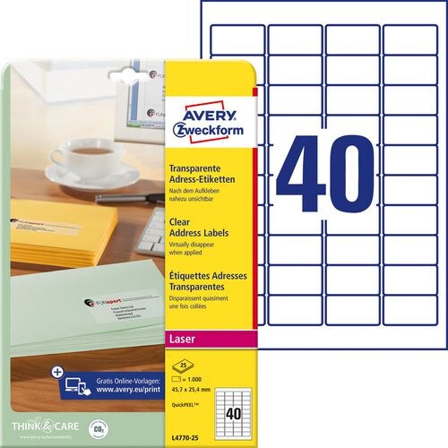 AVERY Zweckform Abziehhilfe QuickPEEL Wasserabweisend Adressetiketten L4770-25 Selbsthaftend DIN A4 Transparent 45,7 x 25,4 mm 25 Blatt à 40 Etiketten Image