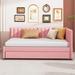 Twin Size Sofa Bed Frame Linen Upholstered Daybed with L Shaped Backrest and Twin Size Trundle for Livingroom - Pink