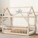 Twin House-Shaped Bed Wood Slat Support Floor Bed with Safety Guardrail Wood Structure Bed Frame for Toddler Children - Natural