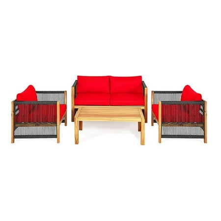 Pemberly Row 4-piece Acacia Wood Patio Conversation Set with Cushions in Red