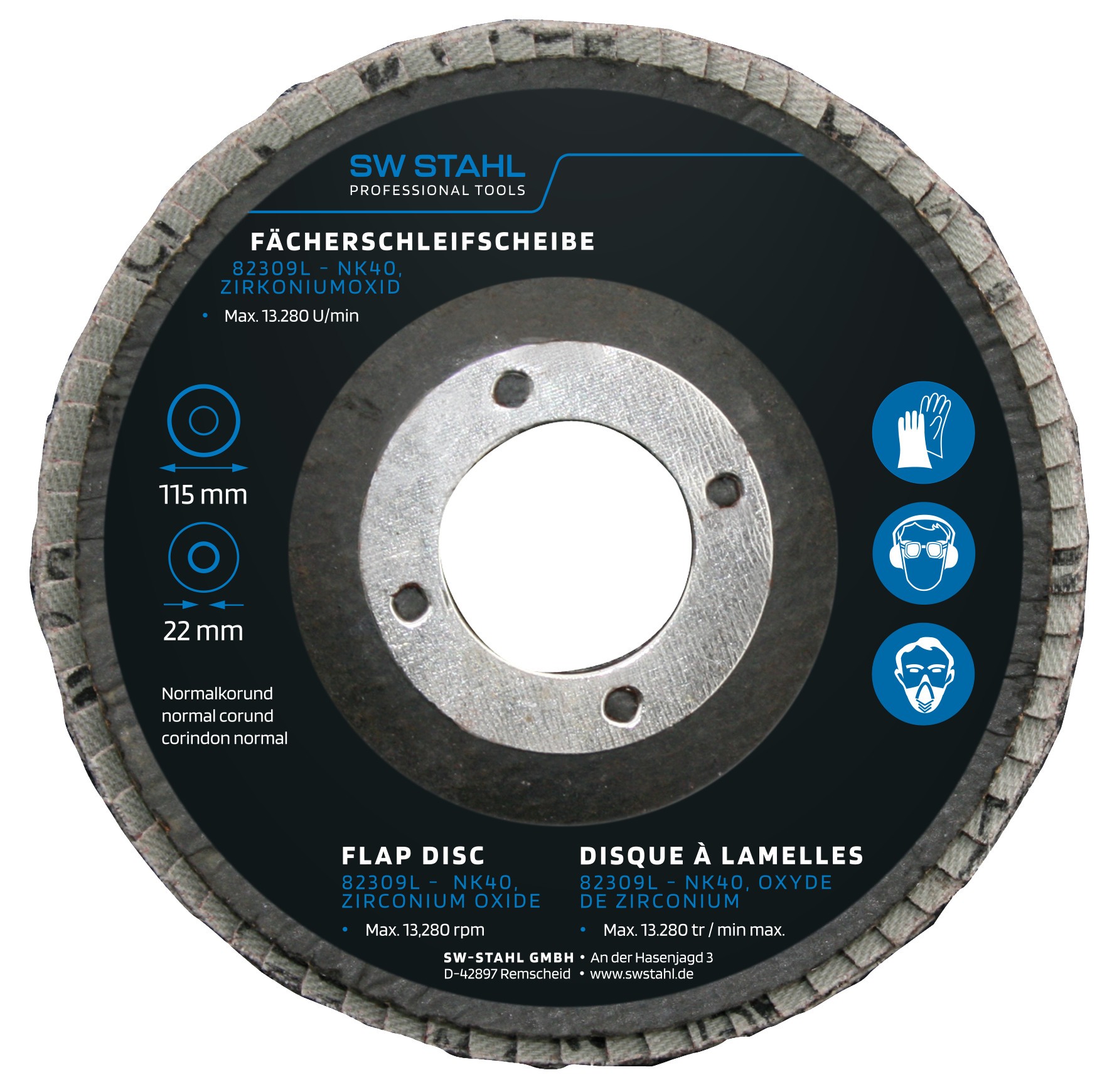 SWSTAHL Fächerschleifscheibe, Zirkoniumoxid, 115 mm, NK40, 10 Stück Schleifscheibe, Winkelschleifer 82309L Image