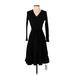 Simple Retro Casual Dress - A-Line V-Neck 3/4 sleeves: Black Solid Dresses - Women's Size X-Small