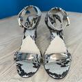 Michael Kors Shoes | Michael Kors Snakeskin Ankle Strap Wooden Heel Gold Logo Sandal Heels Size 8.5 | Color: Gray/Tan | Size: 8.5