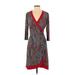 IMAN Casual Dress - Wrap V-Neck 3/4 sleeves: Burgundy Color Block Dresses - Women's Size Small - Print Wash