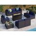 6 Pieces Outdoor Patio Furniture Set with 45 Plate Embossing Propane Fire Pit Table Outdoor Wicker Sectional Sofa Conversation Set with Blue Cushions & Coffee Table