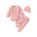 Suanret Baby Boys Girls 3PCS Tops Pants Outfits Long Sleeve Rompers Elastic Pants Beanie Hat Clothes Set Pink 18-24 Months