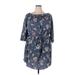 Hint of Blush Casual Dress - Mini Boatneck 3/4 sleeves: Blue Floral Dresses - Women's Size 2X