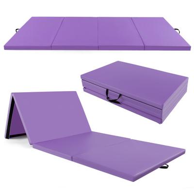 Costway 4-Panel PU Leather Folding Exercise Mat with Carrying Handles-Purple