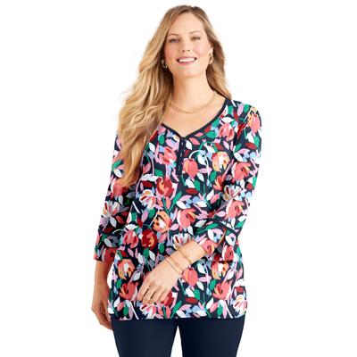 Plus Size Women's Liz&Me® Henley Top by Liz&Me By Catherines in Navy Painted Floral (Size 1X)